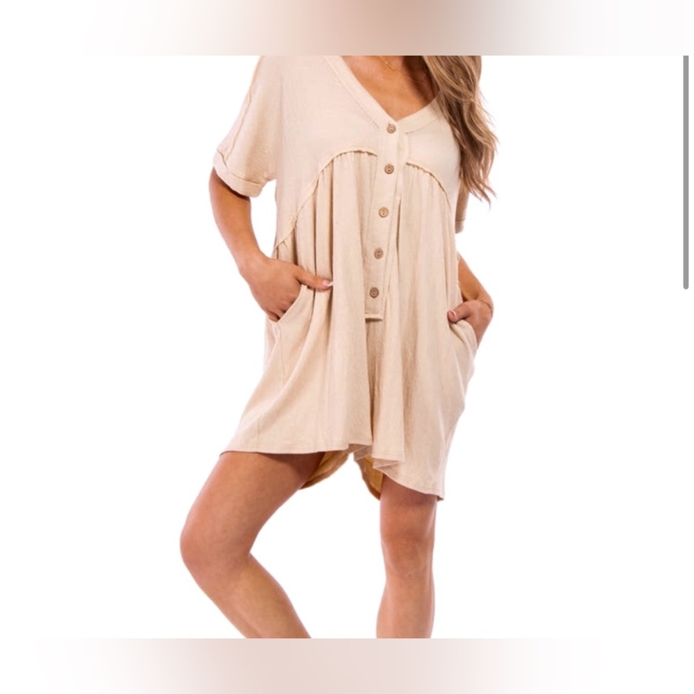 Heyson women’s Beige Short Sleeve button down short romper